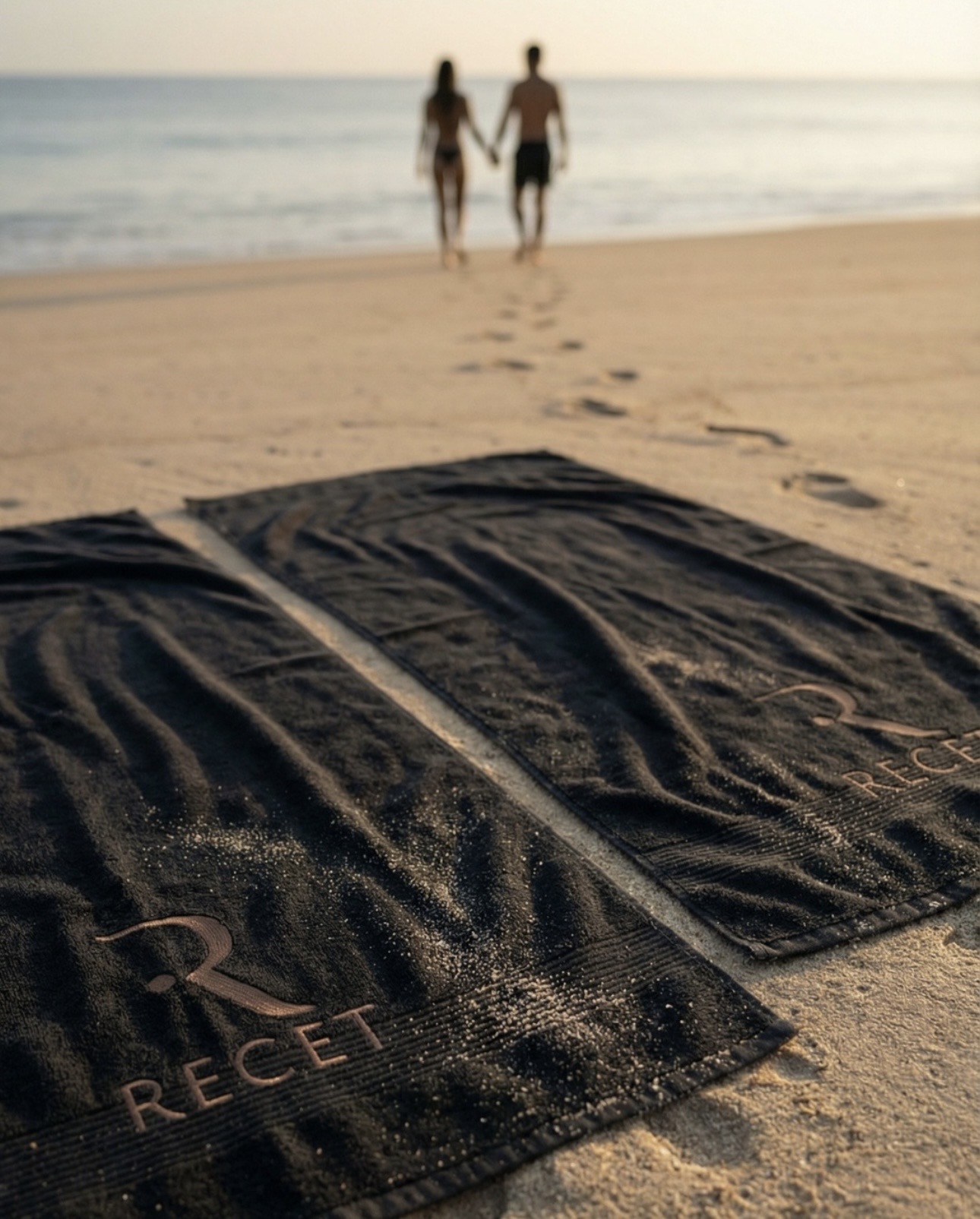 RECET branded towels at sunset